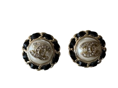 Chanel CC Logo Crystal Pearl Chain Stud Earrings