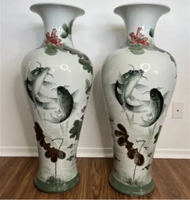 36 in Pair of Handmade Chinese Fishes Vases