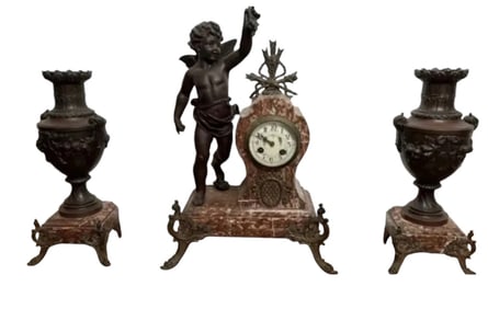 3 Pieces Cherubs Brass Clock and Urns