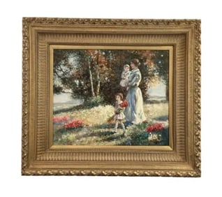 Mother and Daughters Picking Flowers Oil on Canvas Painting