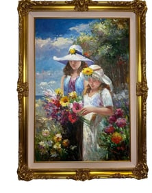 Sister Gathering Flowers Oil Painting