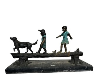 Children on a Log Bronze Sculpture