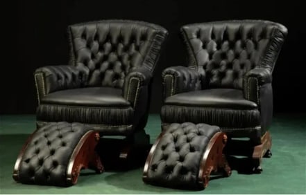 Pair of Luxury French Tufted Chair and Footstools