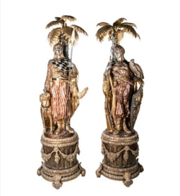 Pair of Life Size Monumental Bronze Arab Hunters and Palms Sculptures on Pedestals