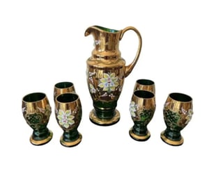Bohemian Czech green glass gold enamel flowers Pitcher and Cups