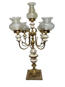 Large Brass and Porcelain Five Light Electrical Candelabra