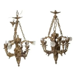 A pair of French cast-bronze Empire-style chandeliers