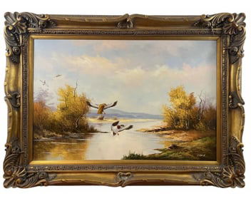 1991 Landscape Ducks Oil Painting by Clark