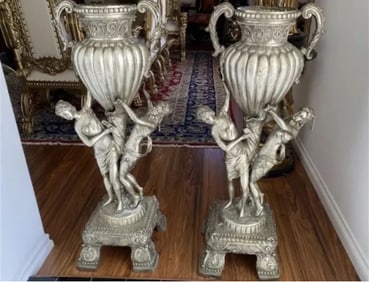 Pair of Large Bronze Woman Urns