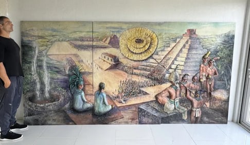 1992 Huge Mexican Art Painting Mayan Aztec Culture and Pyramids