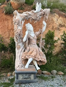 Life Size Marble Lady On Swing Sculpture