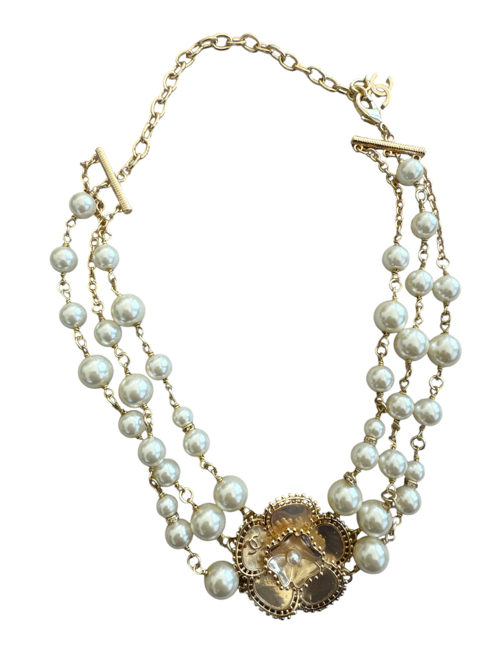 Chanel Faux Pearl Gold Metal Flower Necklace (1 of 3)
