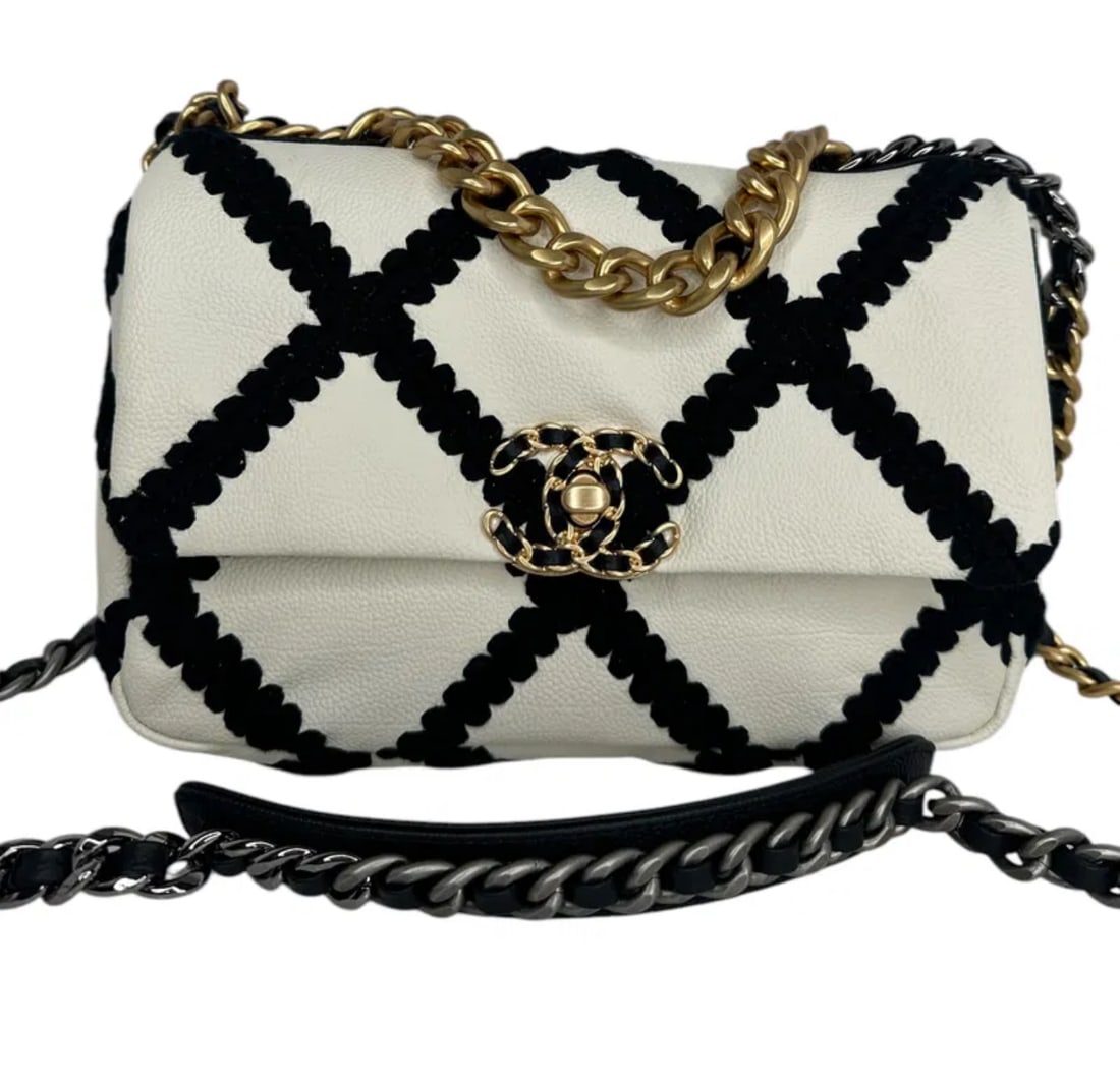 Calfskin Crochet Medium Chanel 19 Flap White Black (1 of 6)