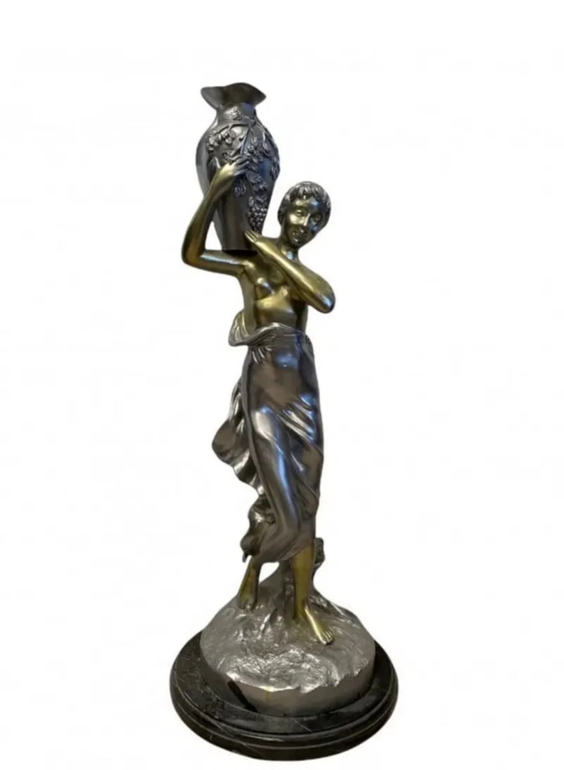 Large Bronze Woman Sculpture After Auguste Moreau: Measurements: 35 inches H x 15 inches diameter