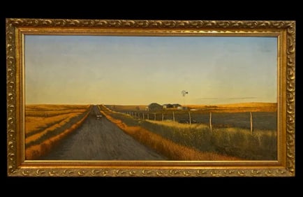 Huge Landscape Windmill and Tank Painting by Walt Johnston via