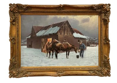 Western Winter Horses Barn Oil Painting By Hector Morales