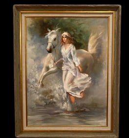Huge White Horse and Woman Oil Painting by Benton