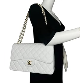 Chanel Jumbo Classic Single Flap Bag White Glitter Patent Leather Gold Hardware
