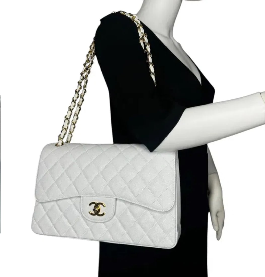 Chanel Jumbo Classic Single Flap Bag White Glitter Patent Leather Gold Hardware (1 of 6)