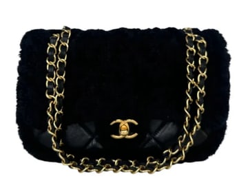 Chanel Mini Shearling Flap Bag Black Lambskin Brushed Gold Hardware