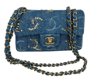 CHANEL Medium Classic Double Flap Blue Denim Sequins CC PRINT Bag Gold