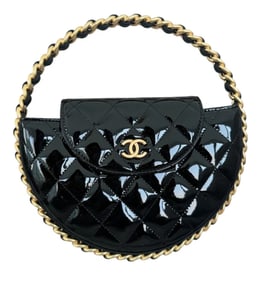 Chanel Black Quilted Patent Chain Around Hoop Top Handle Bag Gold Hardware