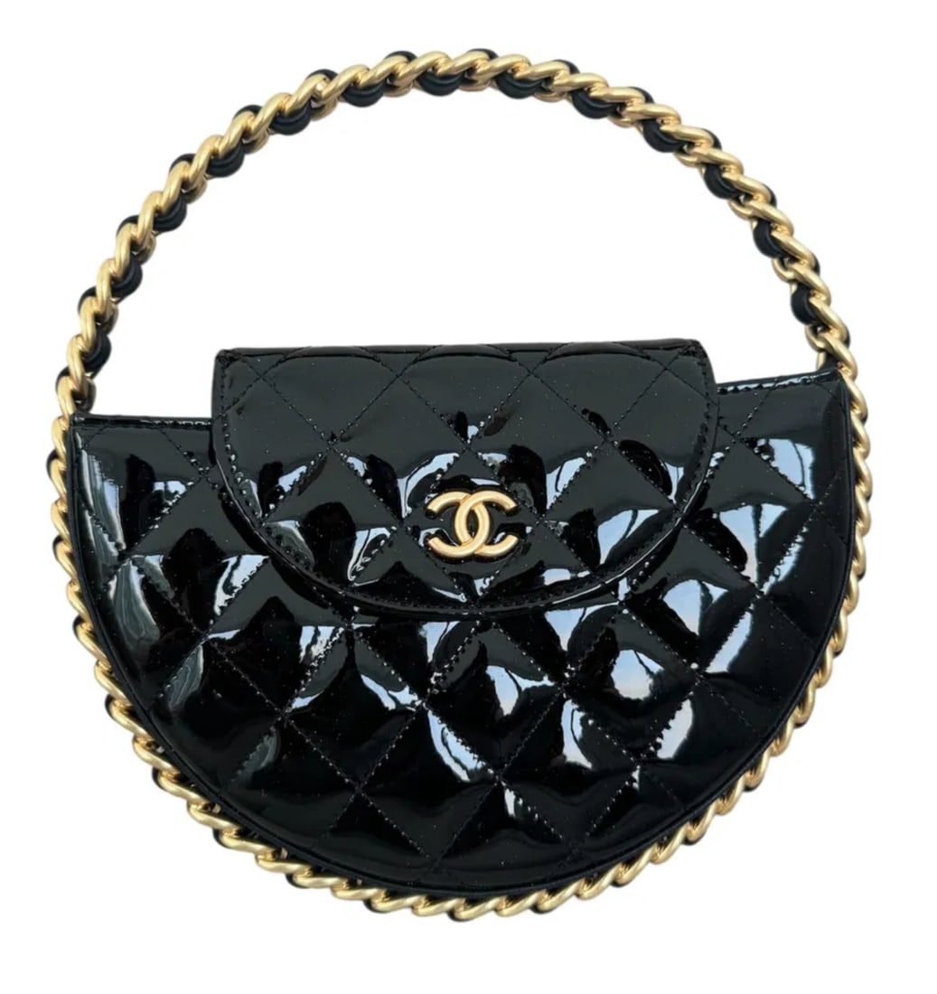 Chanel Black Quilted Patent Chain Around Hoop Top Handle Bag Gold Hardware: Size: 9 in x 9 in - Like new condition - Includes dust bag and box