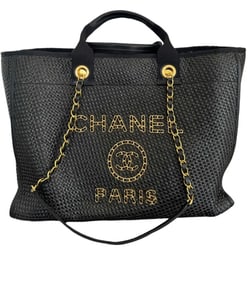 CHANEL Straw Raffia Calfskin Chain Small Deauville Tote Black