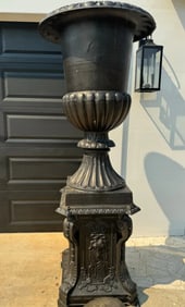 Monumental French Iron Urn and Pedestal