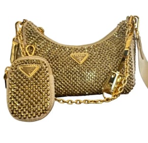 Prada Re-Edition 2005 Satin Crystal Platinum Gold Shoulder Bag