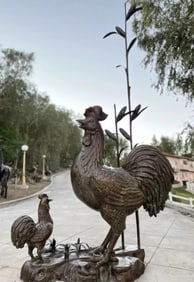 Monumental Bronze Rooster and chicken Sculpture