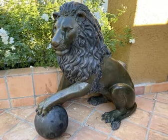 Monumental Pair of Life Size Bronze Lions Sculptures