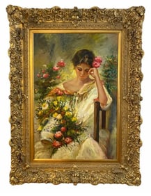 Large Girl with Flowers Oil Painting Signed