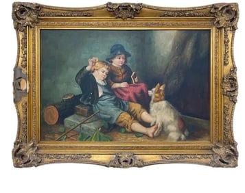 Children and Dog Oil On Canvas