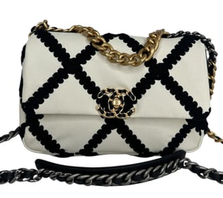 Calfskin Crochet Medium Chanel 19 Flap White Black