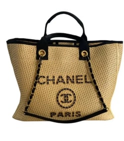 Chanel Straw Raffia Calfskin Chain Medium Deauville Tote Beige Black