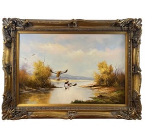 1991 Flying Ducks Oil Painting by Clark