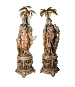 Pair of Life Size Monumental Bronze Arab Hunters and Palms Sculptures on Pedestals