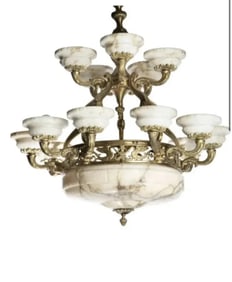 Large Edwardian-style bronze and alabaster chandelier