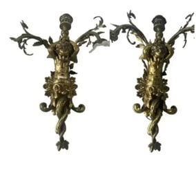 Large French Brass Cherubs Wall Sconces