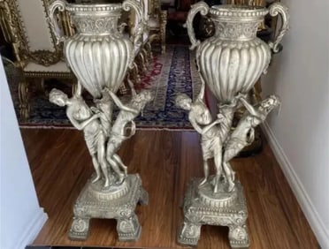 Pair of Large Bronze Woman Urns
