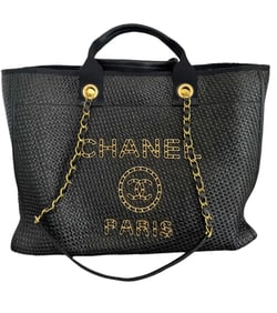 CHANEL Straw Raffia Calfskin Chain Small Deauville Tote Black