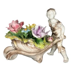 Italian Capodimonte Flowers Boy Holding a Flower WheelBarrow