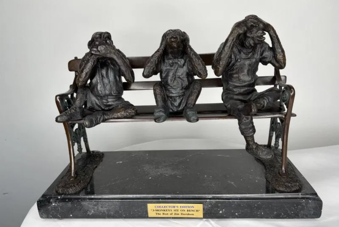 Collector Edition 3 monkeys sitting on a bench Bronze Sculpture (1 of 4)