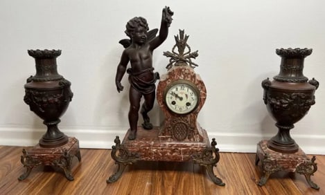 3 Pieces Cherubs Brass Clock and Urns