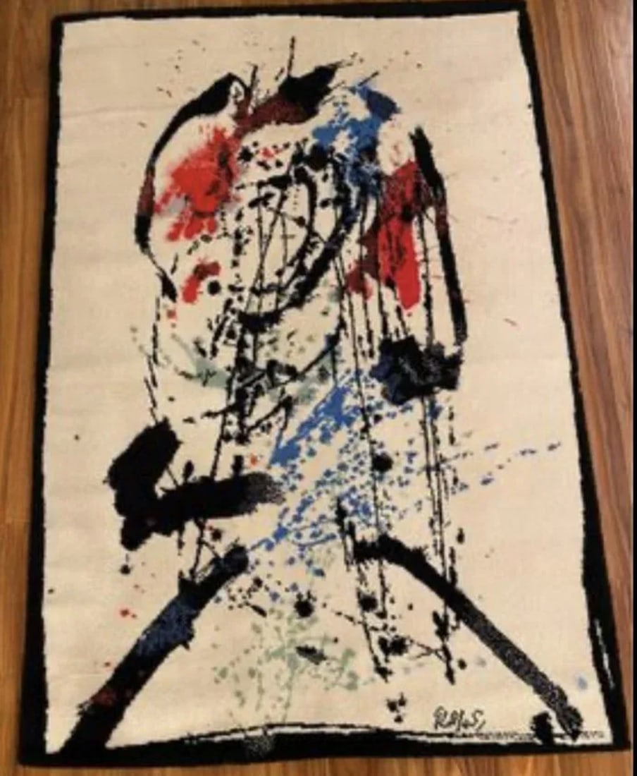 Robert Jacobsen Abstract Rug: Measurements: 4â€™7”x 6â€™7”Beautiful and Extremely Artistic Vintage Scandinavian Ege Art Line Robert Jacobsen Rug, Artist Robert Jacobsen is best known for his abstract pa