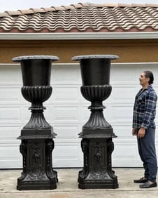 Monumental French Iron Urns and Pedestals