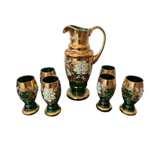 Bohemian Czech green glass gold enamel flowers Pitcher and Cups