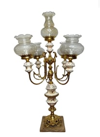 Large Brass and Porcelain Five Light - Electrical Candelabra