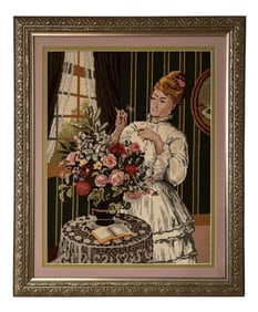 Girl with Flowers - Needlepoint Art Framed